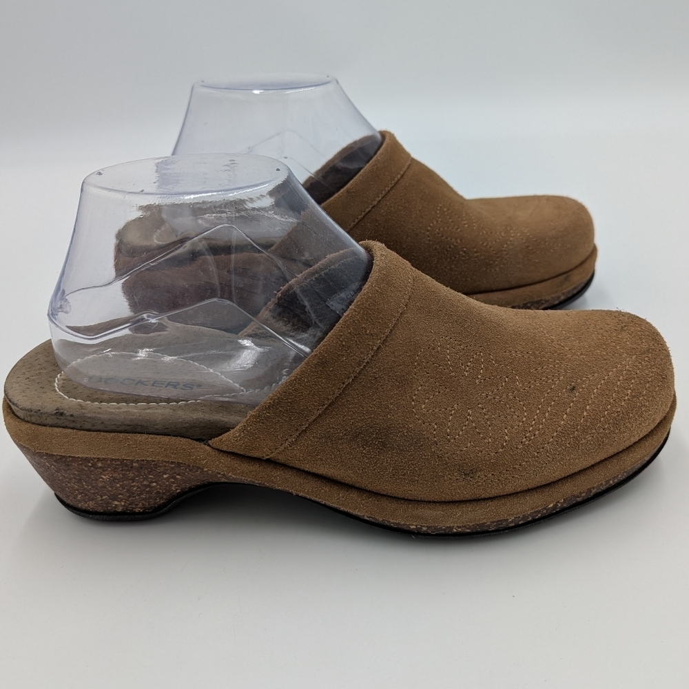 Dockers Women's Cleo Clogs Mules Suede 10M Brown Slip On Cork Comfy Casual
